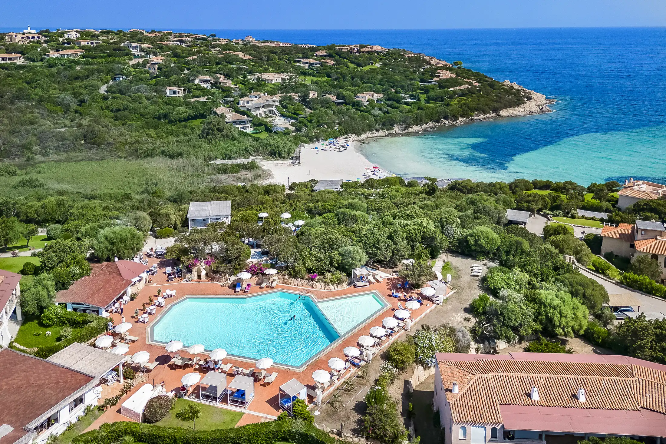Aerial view of pool and beach at Cala Granu